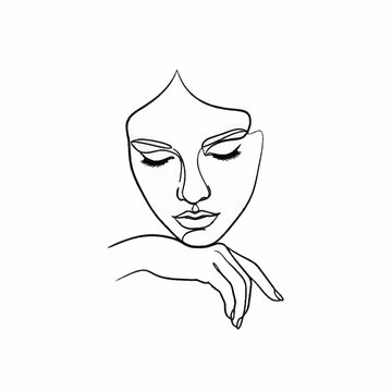 Minimalist Line Art Drawing of a Womans Face and Hand.