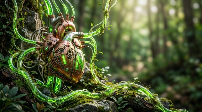 Steampunk robotic heart with glowing tubes integrated into forest nature