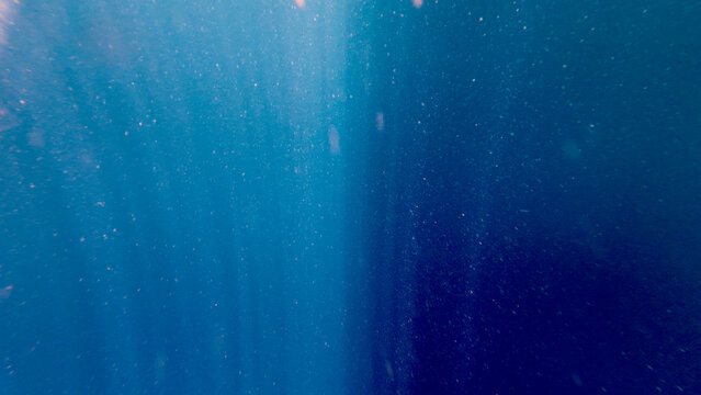 Blue water background. Sun rays penetrate deep blue tropical ocean water underwater. Abstract marine scene with floating particles and dramatic light beams in the ocean depths.