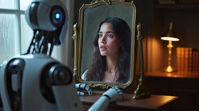 Robot gazes into an ornate gold mirror, seeing a woman's face reflected back. Poignant scene of artificial intelligence, self-discovery concept, and the blurred lines between technology and humanity