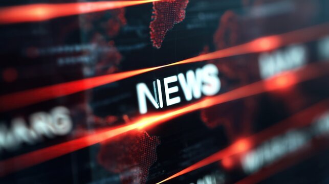 "Abstract global news headlines on war outbreak and military attack across digital media displays"