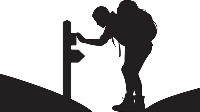 Hiker Studying Trail Marker. silhouette vector illustration