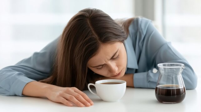 Tired young woman in blue shirt resting head on white table with cup of coffee and glass pot, feeling exhausted and sleepy indoors, need caffeine boost