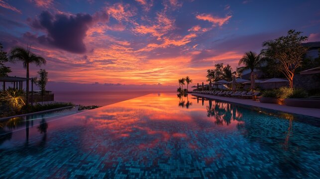 Infinity pool edge sunset ocean horizon still water reflection tropical resort