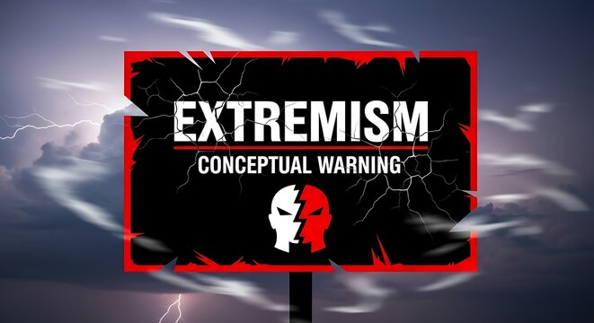 Extremism warning sign conceptual imagery with dark clouds and lightning