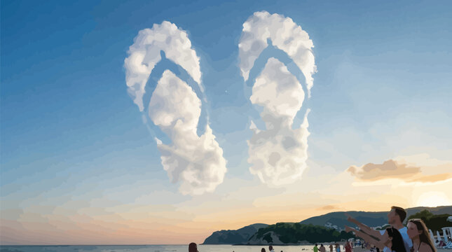 Flip flops shaped clouds float above a sandy beach while people point toward the sky during sunset.