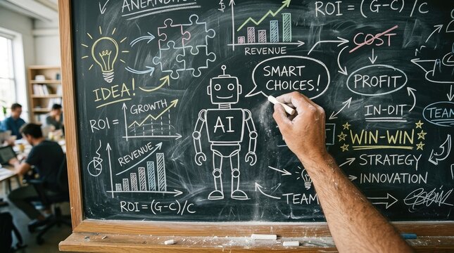 Person drawing a small robotic figure with artificial intelligence concepts on a large blackboard using colorful chalk in an office