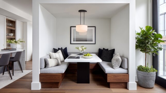 A stylish dining nook features a modern table surrounded by comfy benches adorned with chic cushions