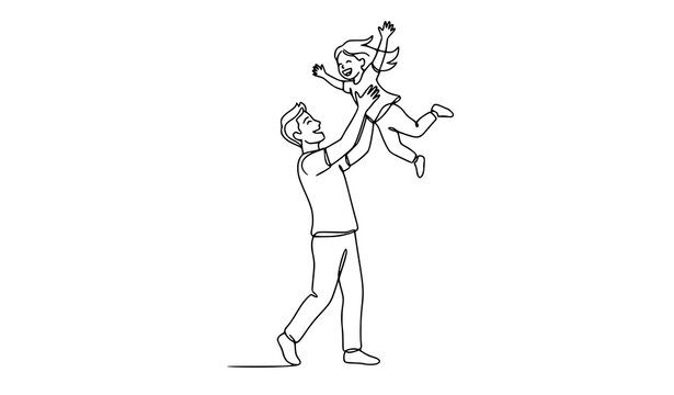 Father lifting child continuous one line playful family vector illustration