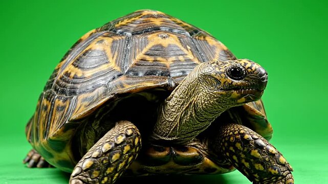 Close Up of a Tortoise Moving Its Head on a Green Background
