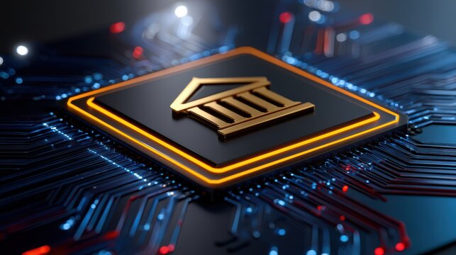 A digital chip with a glowing golden bank icon represents the intersection of finance and technology on a futuristic circuit board.