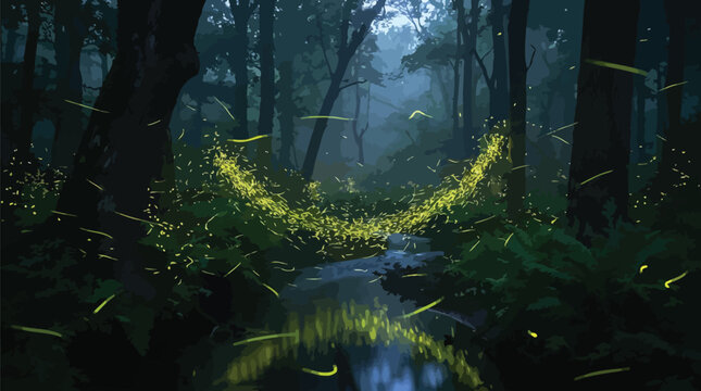 Fireflies glow with a bright yellow light while hovering over a dark forest stream during a misty evening in the woods.