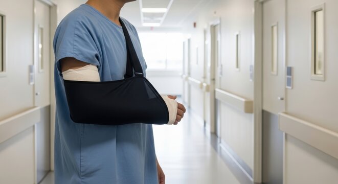 A patient with an injured arm standing in the hospital lobby