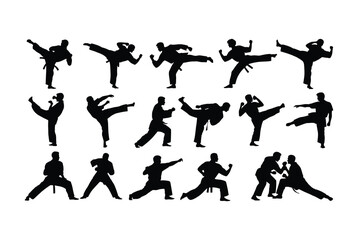 Martial arts fighter silhouette collection featuring karate taekwondo and kickboxing action poses, isolated combat training vector set for fitness branding © lokman