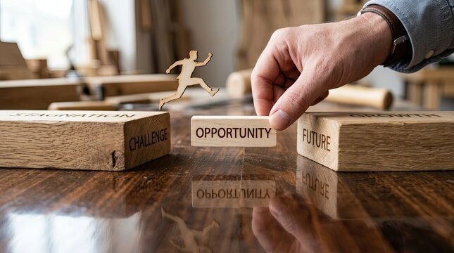 Person places a wooden block labeled opportunity to bridge the gap between challenge and future for a leaping human figure