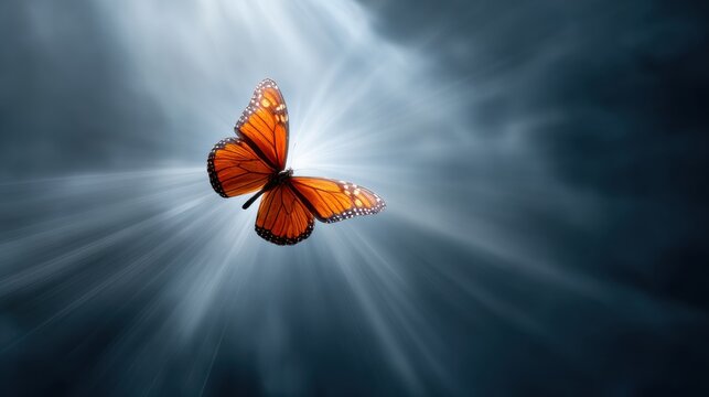Orange monarch butterfly flying in dramatic sunbeams against dark cloudy sky background