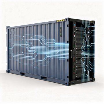 3D data center shipping container isolated on white background.