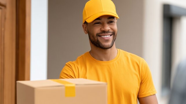 Smiling delivery man in yellow uniform holding cardboard box at doorway making home package delivery with friendly expression and casual cap on