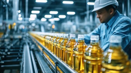 Naklejka premium Worker inspecting quality control on production line with clear glass bottles filled with golden liquid in modern industrial manufacturing factory setting