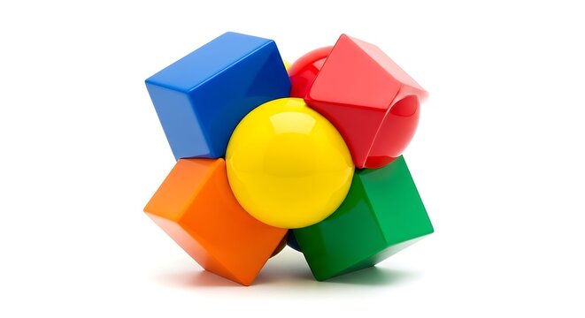 A vibrant, close-up shot of a 3D abstract composition. Geometrical shapes cluster in a colorful, balanced arrangement. The background is white