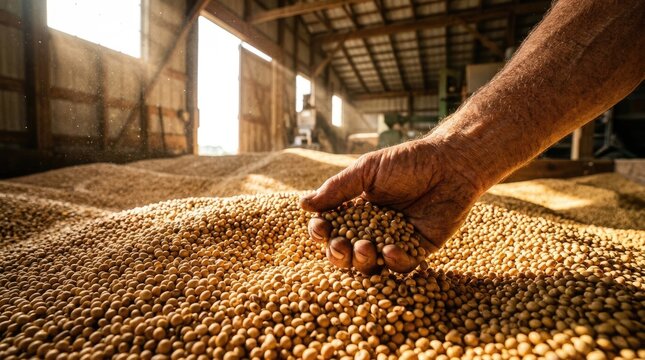Weathered farmer hand holding a handful of organic harvested soybeans inside a rustic wooden barn during a bright sunny day