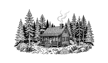Fototapeta premium Black and white cozy log cabin vector illustration surrounded by pine forest with chimney smoke