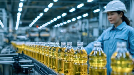 Naklejka premium Production line with large plastic bottles filled with yellow liquid on conveyor belt in modern factory with female worker wearing helmet and uniform in background