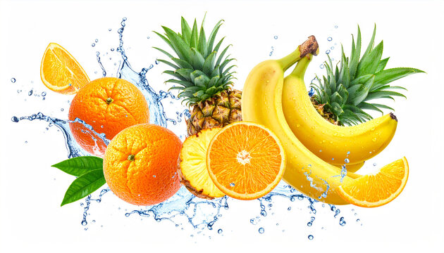 Vibrant tropical fruits oranges bananas pineapples in water splash