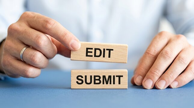 Business person holding a wooden block with the word edit above another block with the word submit in this photo