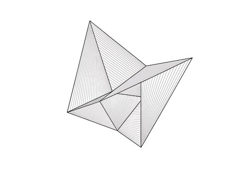 A geometric wireframe illustration of a complex three-dimensional polyhedral structure with intersecting planes