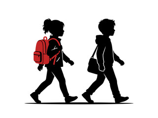 Silhouette of two children walking with backpacks red bag white background