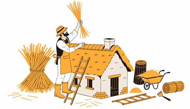 Traditional Artisan Thatching Roof of Rural Cottage House.eps