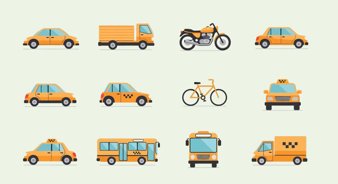 Collection of various yellow vehicles and transportation modes.