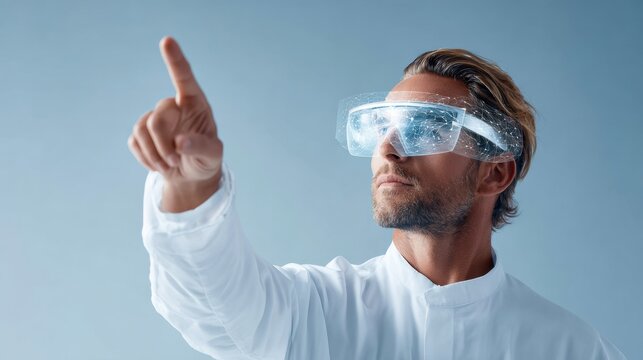Male scientist wearing transparent augmented reality visor pointing at virtual interface in studio