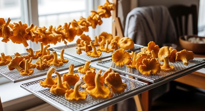 Freshly harvested chanterelle mushrooms on drying racks ready for culinary use