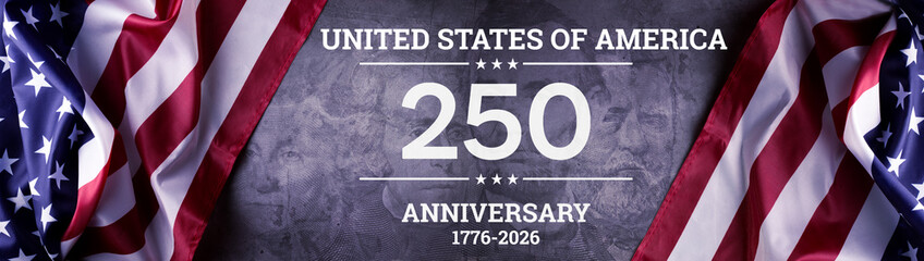250th Anniversary of USA 1776-2026. Independence Day of United States of America, 4th of July Banner Concept with National USA Flag and Creative Typography Happy Independence Day. © Hanna Aibetova