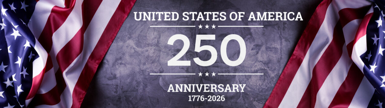 250th Anniversary of USA 1776-2026. Independence Day of United States of America, 4th of July Banner Concept with National USA Flag and Creative Typography Happy Independence Day.