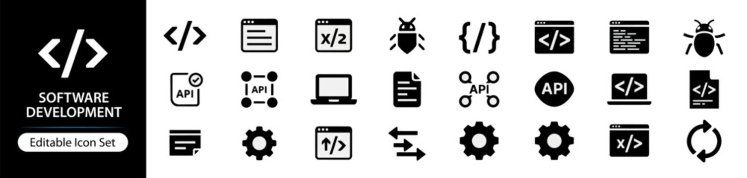 Software Development Solid Icon Set, Coding Programming and Application Development Tools, Developer Workflow System Architecture and Debugging UI UX Interface Icons