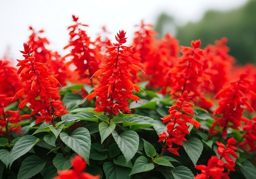 Vibrant red salvia flowers blooming amidst lush green foliage in bright sunlight