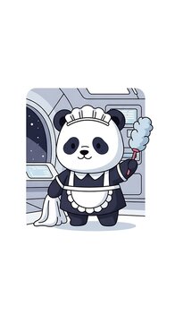 Adorable panda bear character dressed in a maid outfit, holding a duster and cloth. It?s set in a futuristic spaceship scene