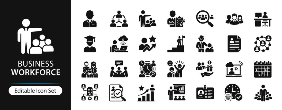 Business Workforce Solid Icon Set, Corporate Employees Team Management HR Organization Staffing Recruitment and Office Productivity Collaboration UI UX Interface Icons