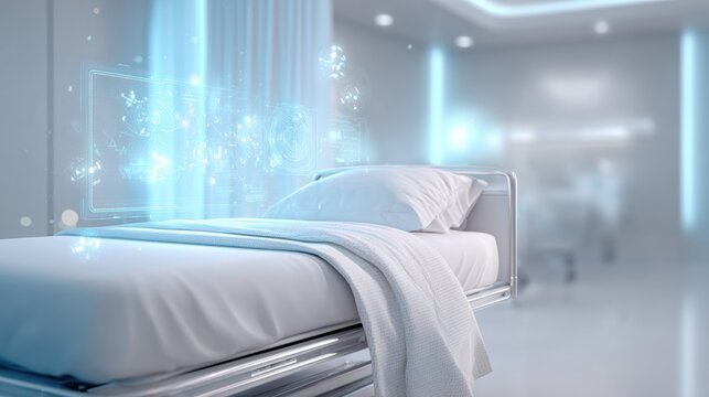 Empty hospital bed in modern ward with glowing digital interface for smart healthcare technology