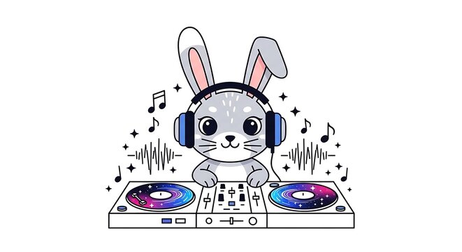 An illustrated cartoon rabbit with grey fur, sporting headphones, DJs with a galaxy-themed turntable, surrounded by musical notes