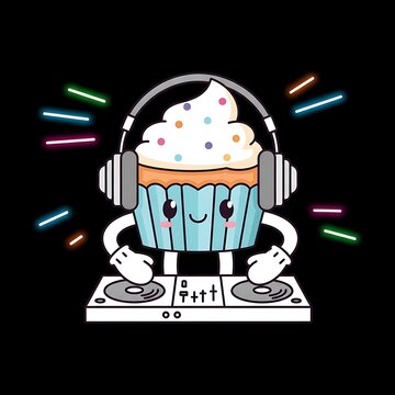 Adorable animated dessert with sprinkles wearing headphones, operating turntables, and radiating colorful energy