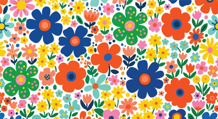 Fototapeta premium Trendy Floral Seamless Pattern Collection with Vintage 70s Style Flowers and Colorful Pastel Groovy Backgrounds, Y2K Nature Artwork Bundle with Spring Plant Illustrations for Textile, Wallpaper and Fa