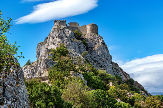 The Cathar medieval castle of Peyrepertuse in the Aude department, southern France situated in the French Pyrenees