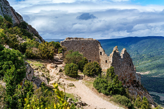 The Cathar medieval castle of Peyrepertuse in the Aude department, southern France situated in the French Pyrenees