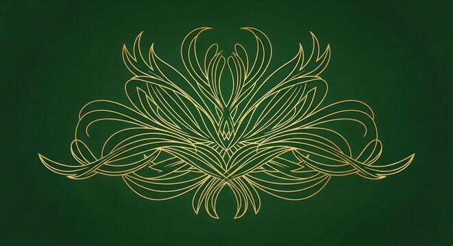 Golden floral illustration on dark green background with elegant swirling lines forming a decorative symmetrical pattern