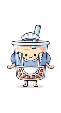 Adorable, anthropomorphic bubble tea character, a smiling figure in a blue maid's outfit, complete with a frilly hat and apron