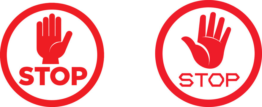 Stop sign icons with red palm hand gesture warning safety alert symbol prohibited restricted access forbidden traffic signal.